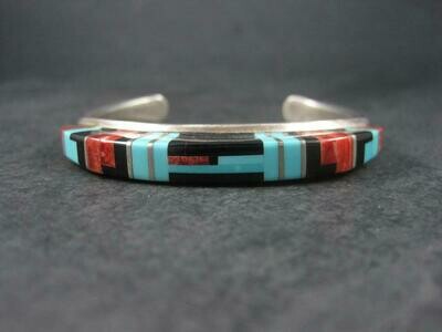 Vintage Sterling Zuni Raised Inlay Turquoise Coral Onyx Cuff Bracelet
