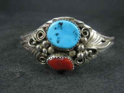 Vintage Navajo Turquoise Coral Cuff Bracelet 6.5 Inches Augustine Largo