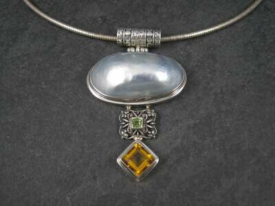 Large Vintage Sterling Peridot Topaz Mabe Pearl Pendant