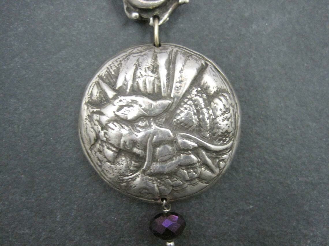 Heavy Sterling Amethyst Dragon Moon Pendant Necklace