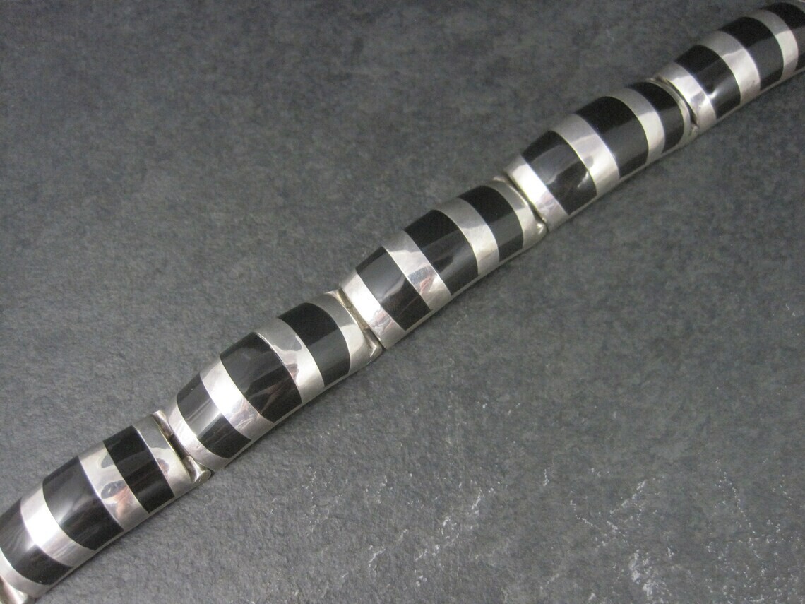 Mexican Sterling Onyx Inlay Bracelet 6.75 Inches