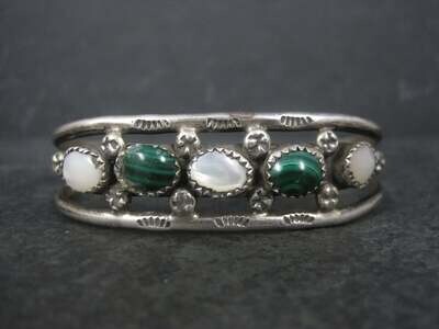 Vintage Southwestern Sterling Malachite Mother of Pearl Cuff Bracelet 6 Inches
