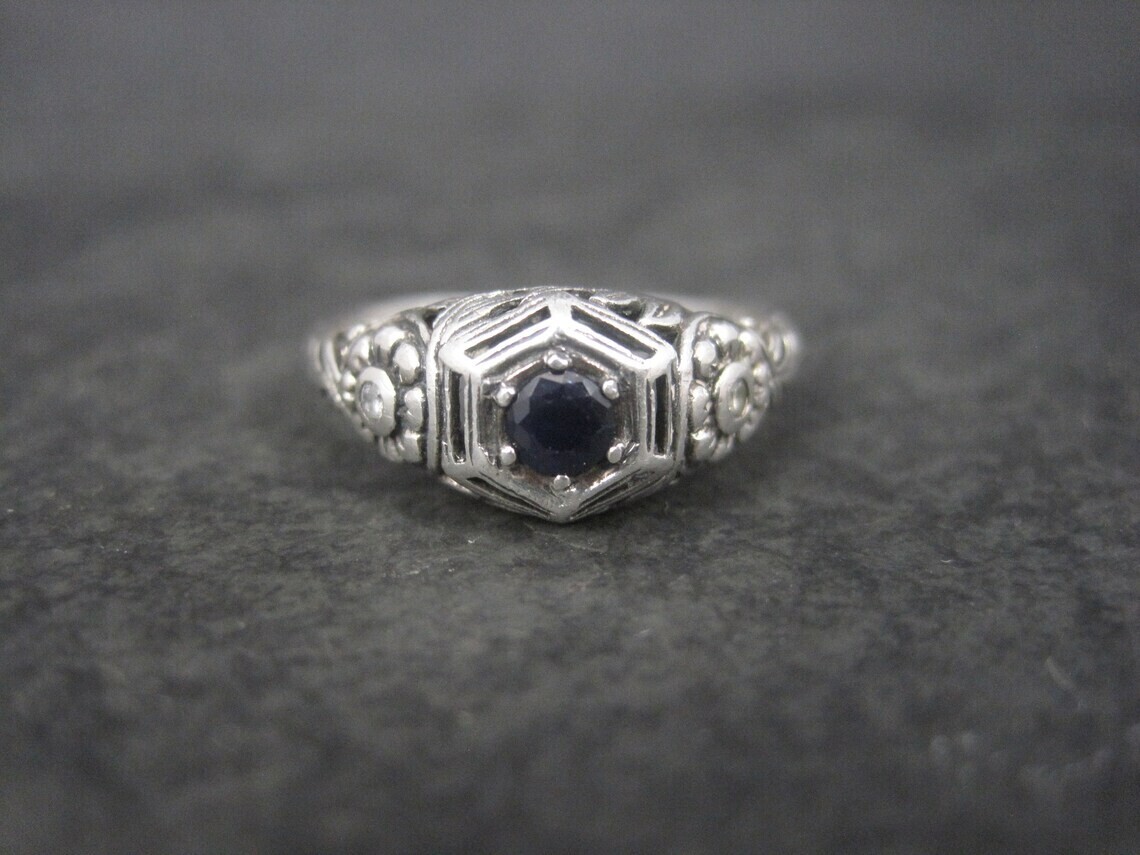 Estate Sterling Filigree Sapphire Diamond Ring Size 8