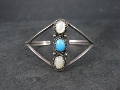 Small Vintage Southwestern Sterling Mother of Pearl Turquoise Cuff Bracelet 5.5 Inches