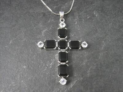 Estate Sterling Black White Topaz Cross Pendant Necklace