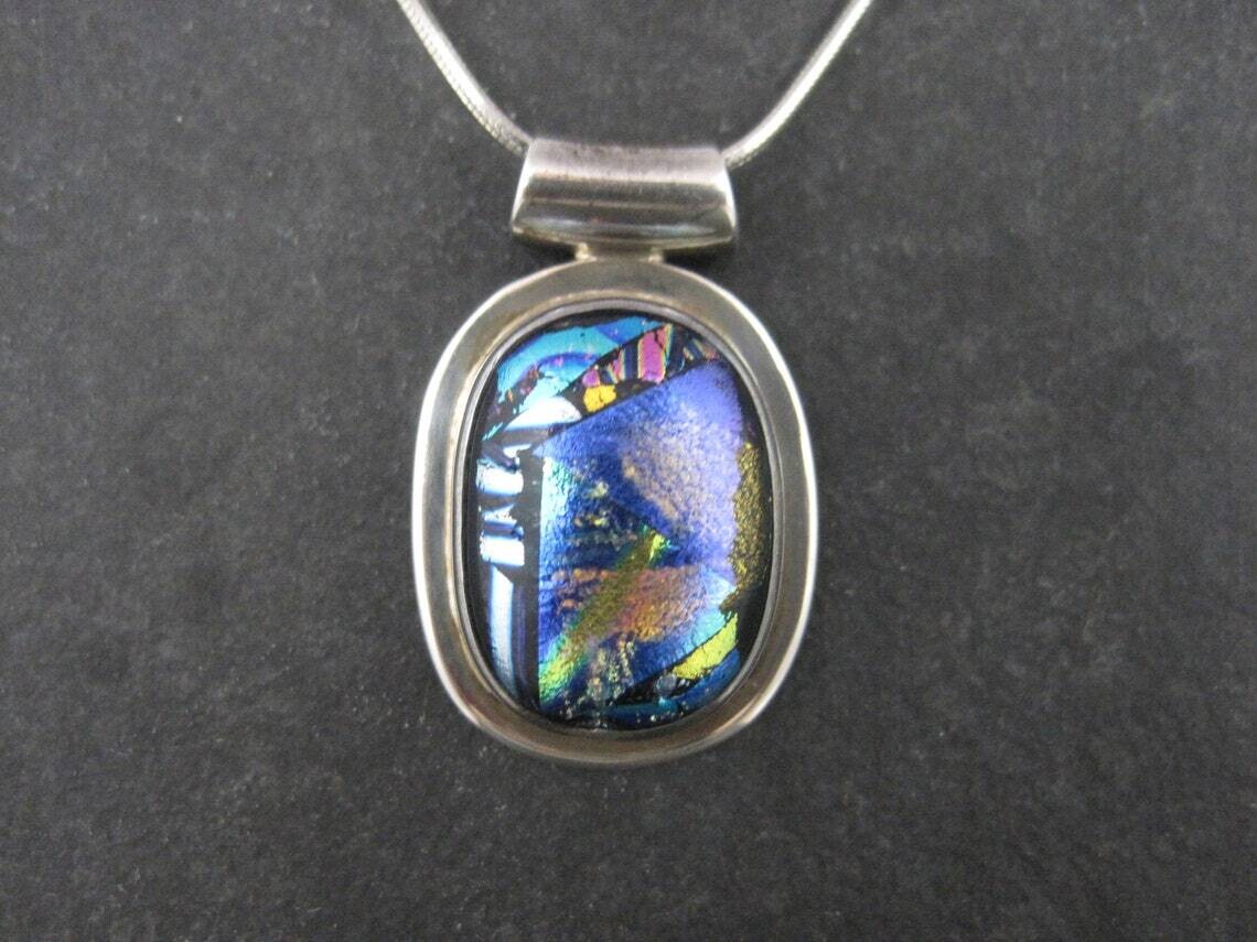 Estate Sterling Dichroic Glass Pendant Necklace