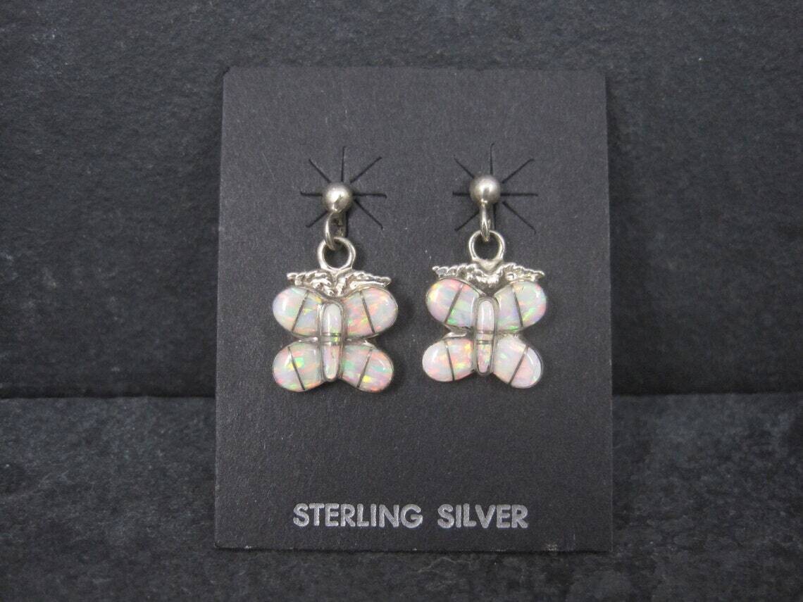 Estate Southwestern Sterling Opal Inlay Butterfly Earrings