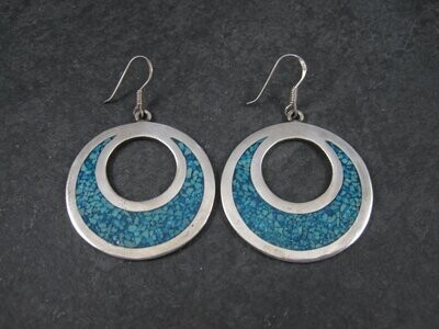 Vintage Mexican Sterling Turquoise Chip Circle Dangle Earrings