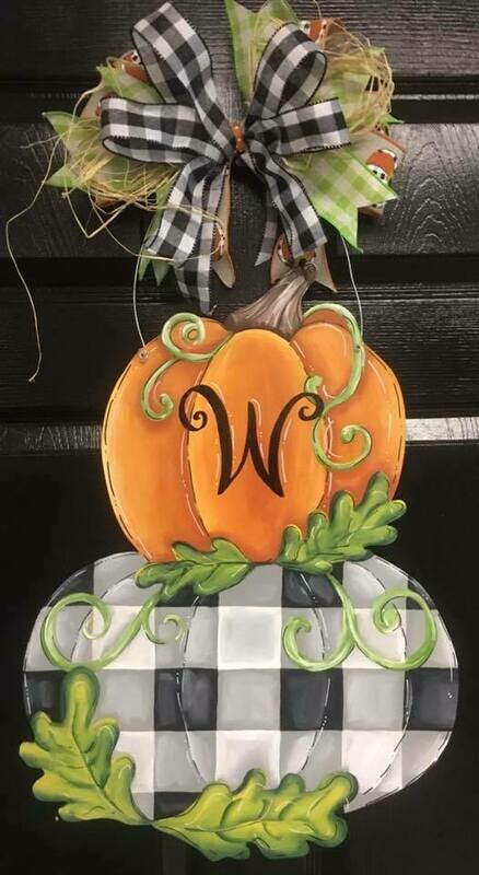 Fall Stacked Double Pumpkin w/ buffalo print Door Hanger