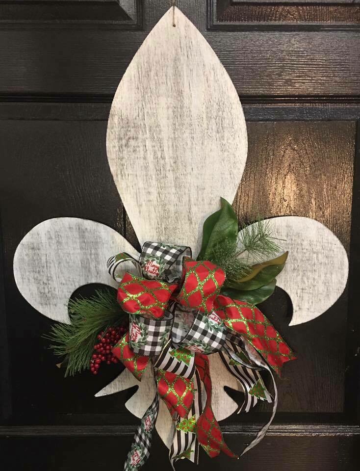 Christmas Distressed fleur de Lis Holiday Door Hanger