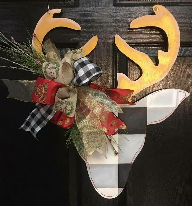 Christmas Reindeer Antlers Buffalo Plaid Door Hanger