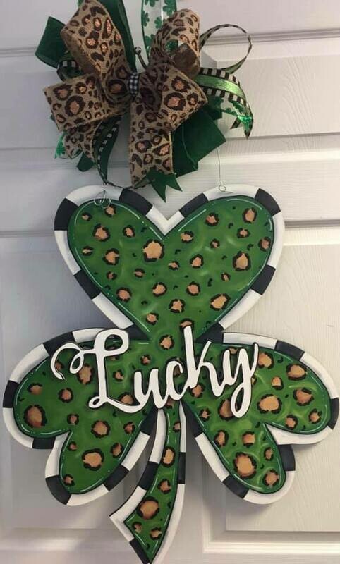 St Pat’s Shamrock w/ Cheetah Print Door Hanger