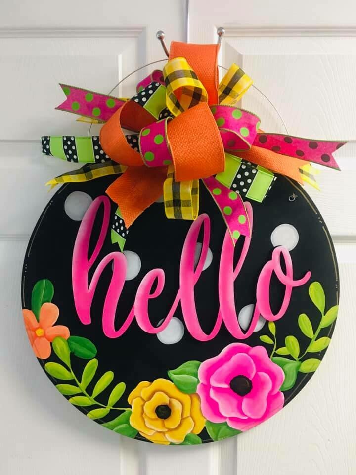 Everyday Hello Circle Polka Dots w/ Flowers Door Hanger