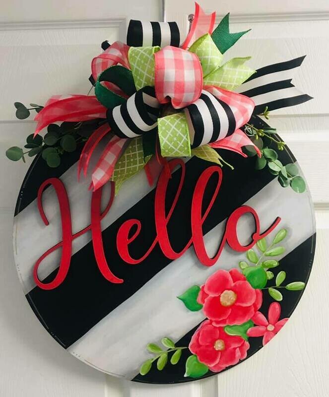 Everyday Hello Circle Angled slats w/ Flowers Door Hanger