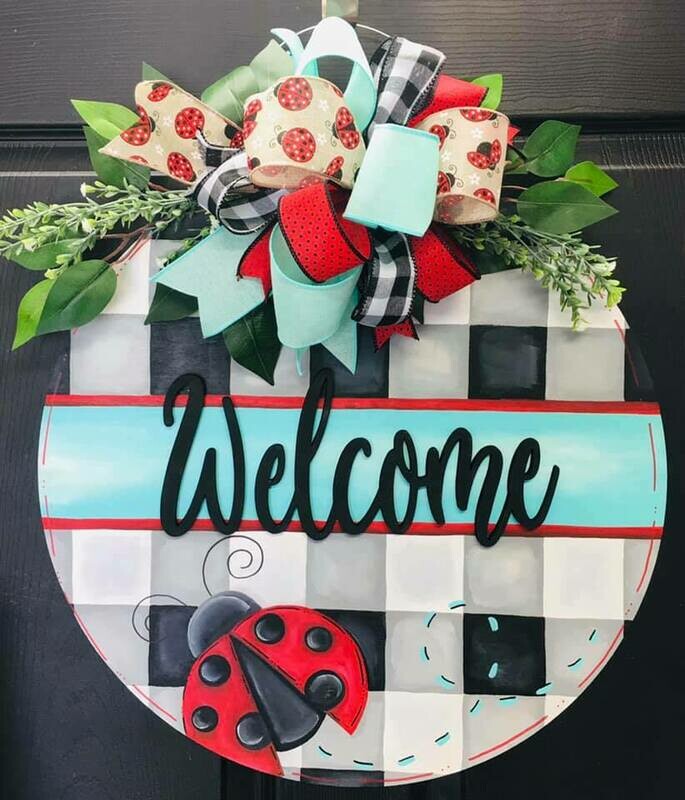 Spring/Summer Buffalo Check Ladybug Welcome Circle Door Hanger