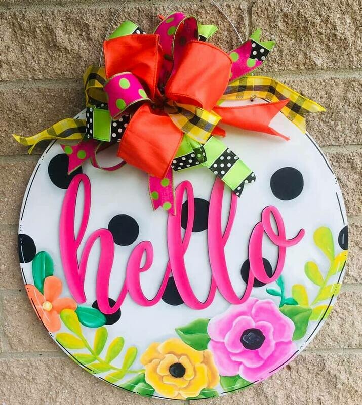 Everyday Hello Circle Polka Dots w/ Flowers Door Hanger