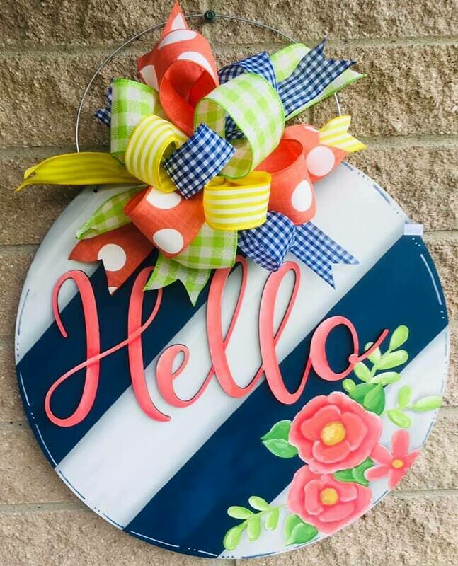 Everyday Hello Circle Angled slats w/ Flowers Door Hanger