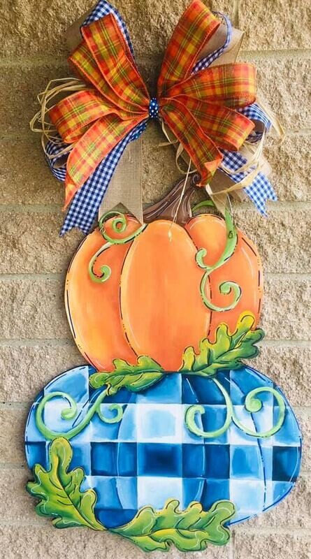Fall Stacked Double Pumpkin w/ buffalo print Door Hanger