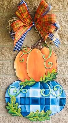 Fall Stacked Double Pumpkin w/ buffalo print Door Hanger