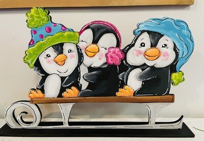 Winter Three Penguins on a Sled Shelf Sitter
