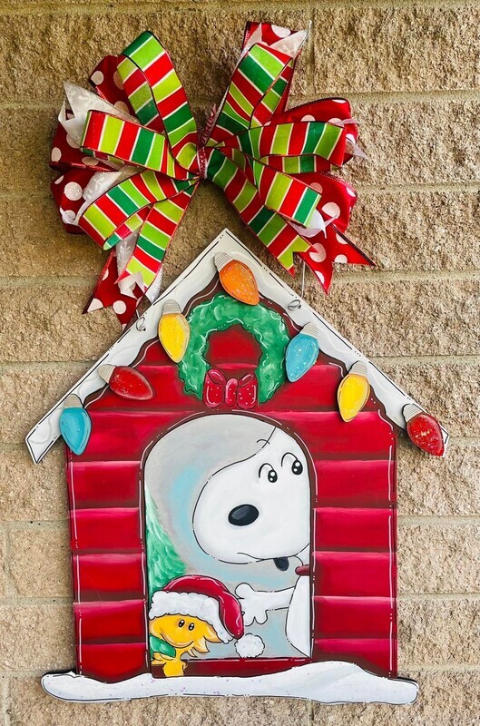 Christmas Peeking Snoopy  Doghouse Door Hanger
