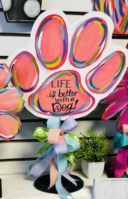 &quot;Life is Better with a Dog&quot; Colorful Paw Print Table Topper
