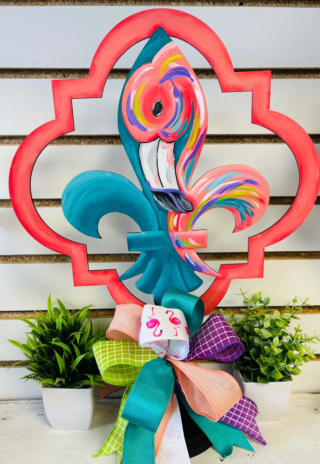 Spring/Summer Colorful Flamingo In Fleur De Lis Table Topper