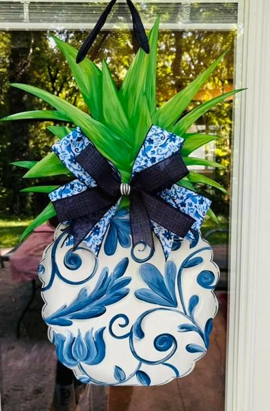 Everyday Blue and White Pineapple Door Hanger