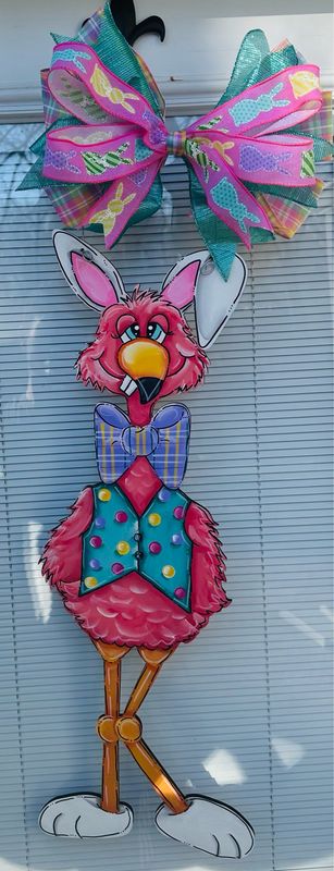 Easter Fuzzy The Flamingo Bunny Door Hanger-Printed