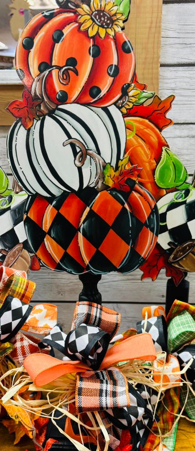 Fall--Three Tiered Black and White Pumpkins Table Topper-Printed
