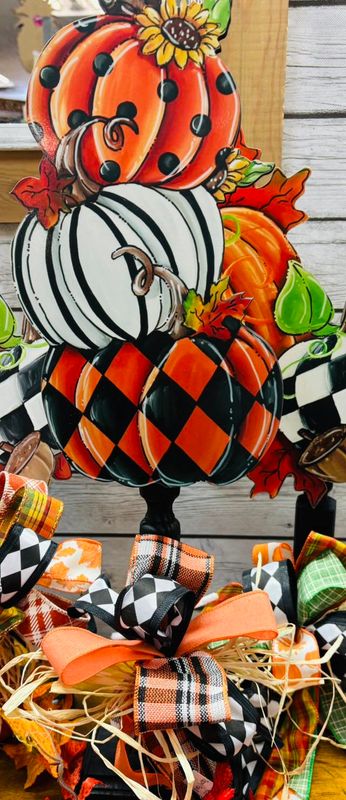 Fall--Three Tiered Black and White Pumpkins Table Topper-Printed