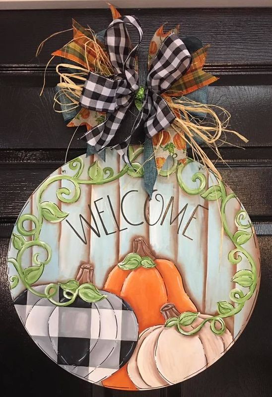 Fall Welcome with Pumpkins and Slatted Background Door Hanger