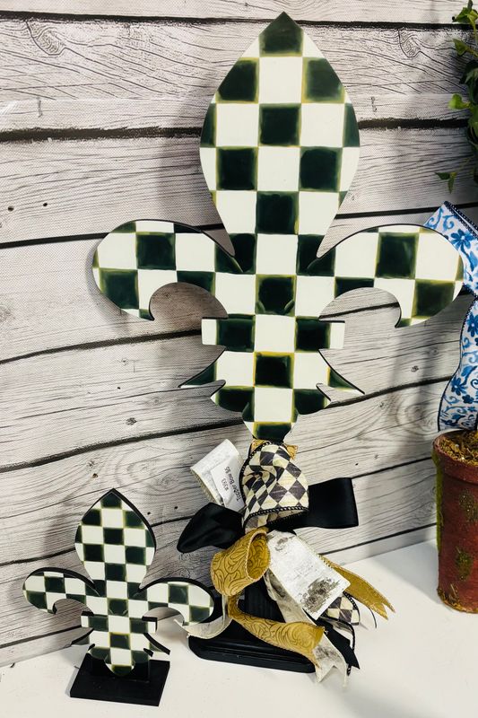 Everyday Black and White Check Fleur De Lis Table Topper