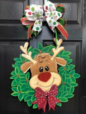 Christmas Reindeer in a Wreath Doorhanger