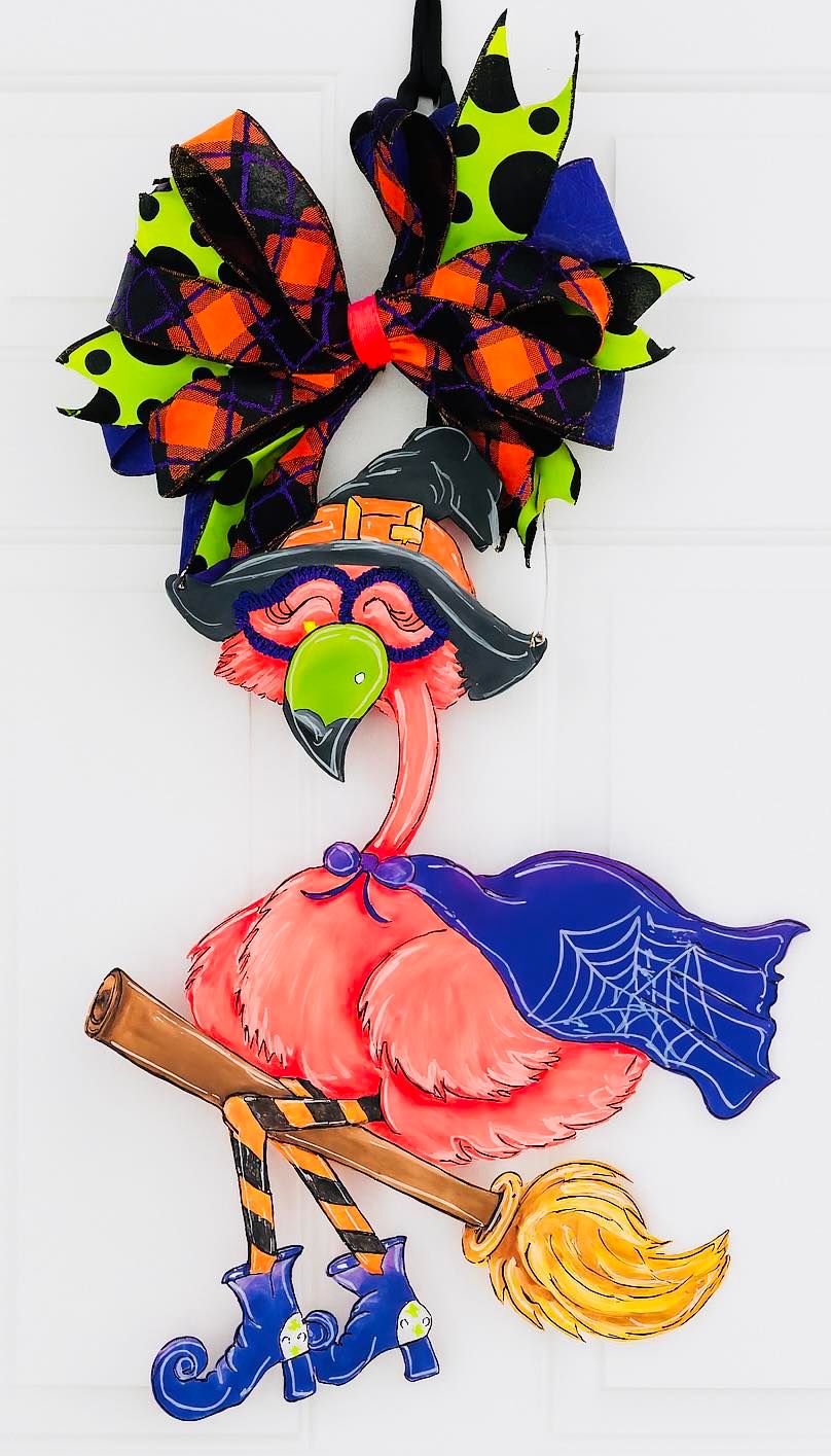 Halloween FaBOOlous Flamingo Witch Door Hanger