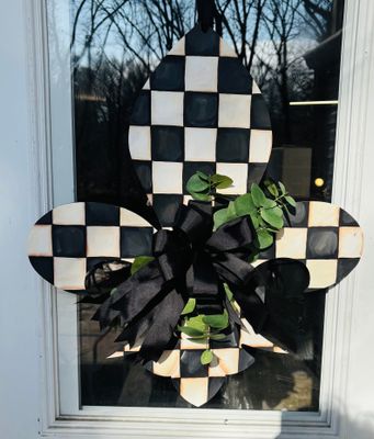 Everyday Black and White Fleur De Lis Door Hanger with Greenery
