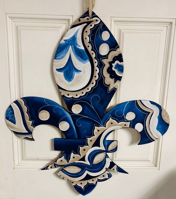 Everyday Blue and Tan Paisley Fleur De Lis Door Hanger