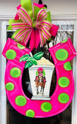 Derby Horseshoe with Mint Julep and Horse and Jockey Door Hanger