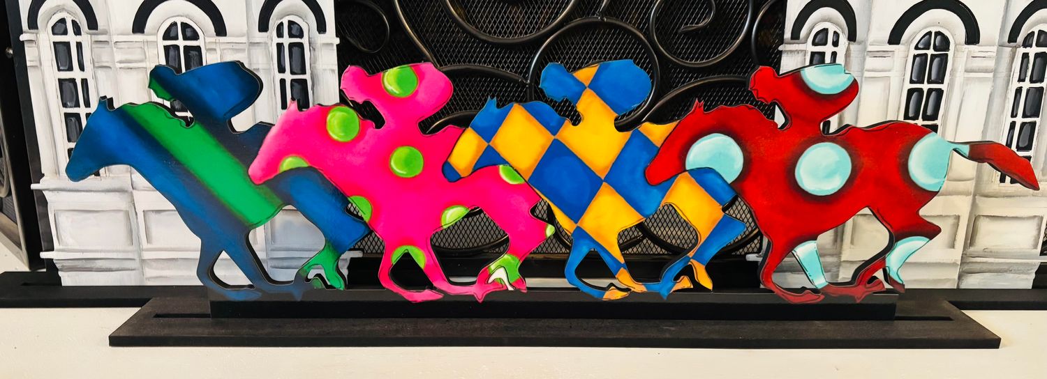Derby-Colorful Racing Horse and Jockey Silhouettes Shelf Sitter