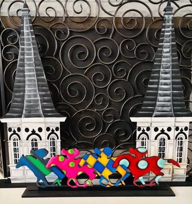 Derby-Colorful Racing Horse and Jockey Silhouettes Shelf Sitter