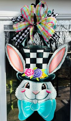 Easter Bunny with Hat and Bow Door Hanger