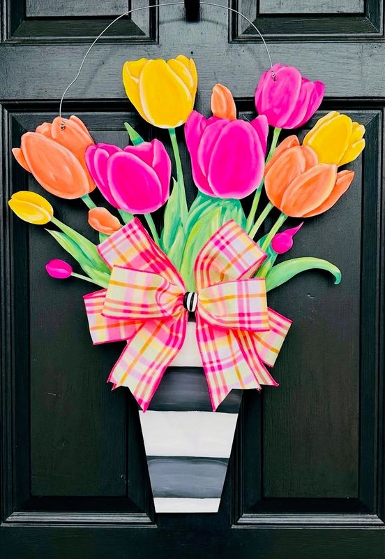 Spring/Summer Tulips  with Striped Vase Door Hanger