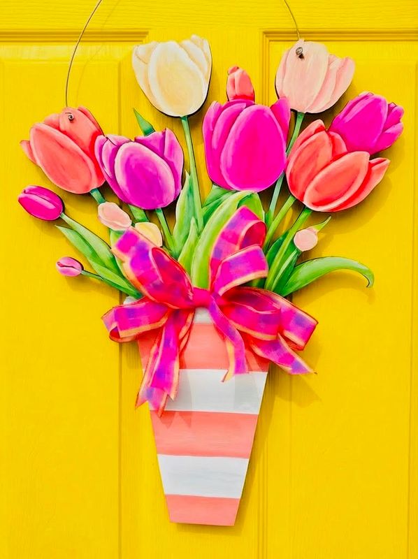 Spring/Summer Tulips  with Striped Vase Door Hanger