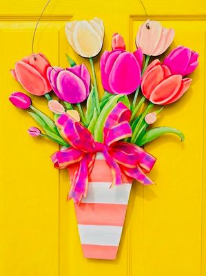 Spring/Summer Tulips  with Striped Vase Door Hanger
