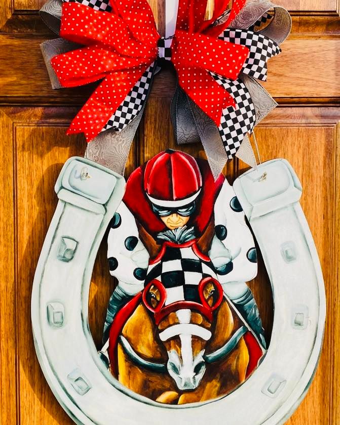 Derby Front Facing Jockey and Horse in Horseshoe Door Hanger