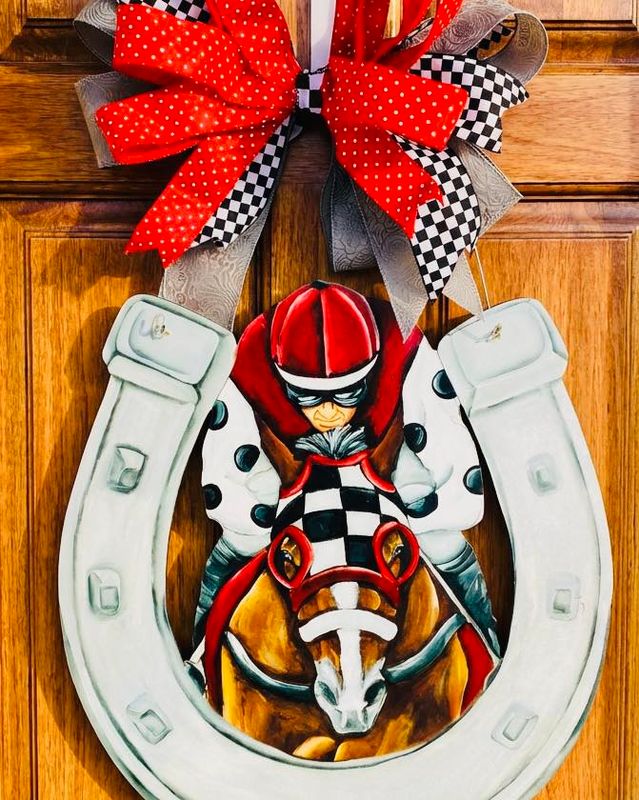 Derby Front Facing Jockey and Horse in Horseshoe Door Hanger