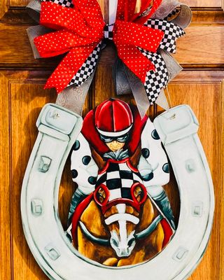 Derby Front Facing Jockey and Horse in Horseshoe Door Hanger