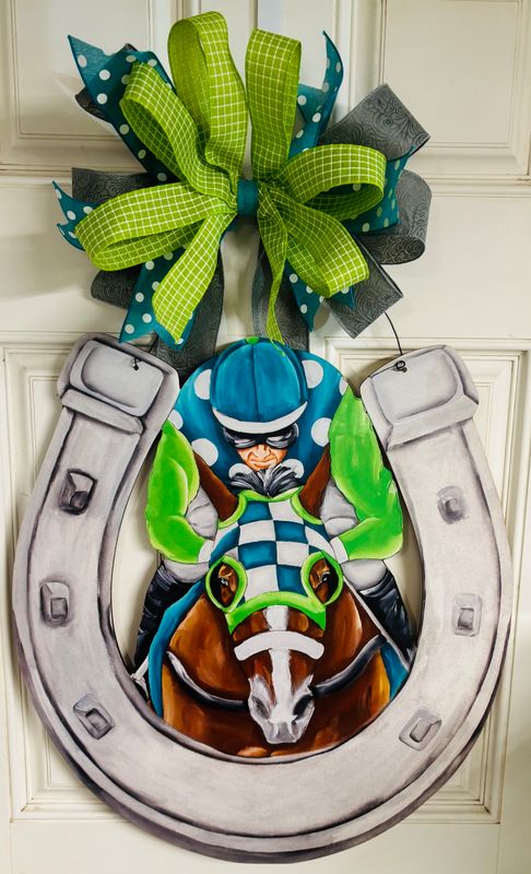 Derby Front Facing Jockey and Horse in Horseshoe Door Hanger