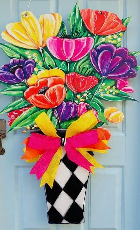 Spring/Summer Colorful Flowers in Harlequin Vase Door Hanger