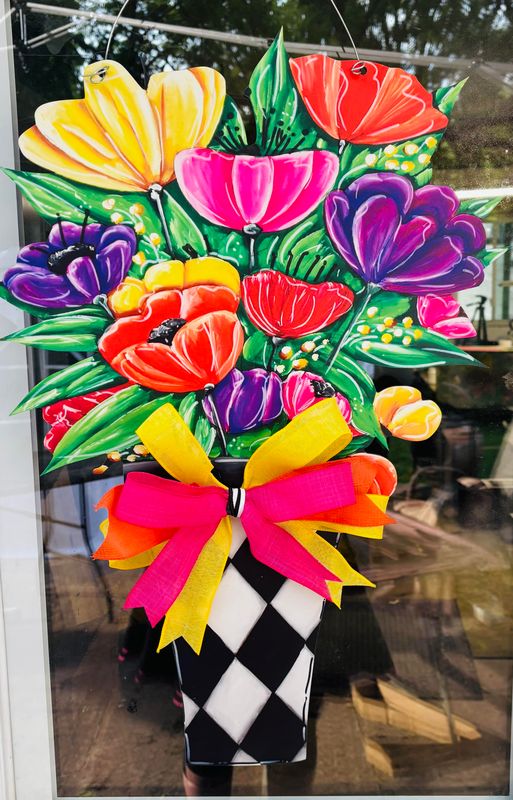 Spring/Summer Colorful Flowers in Harlequin Vase Door Hanger